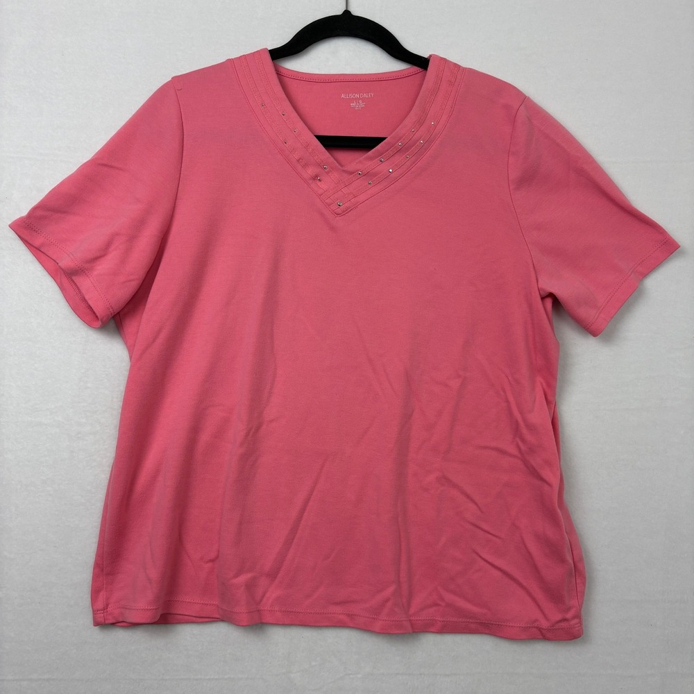 Allison Daley Womens Pink V-Neck Short Sleeve Studded Trim Top Blouse Size L